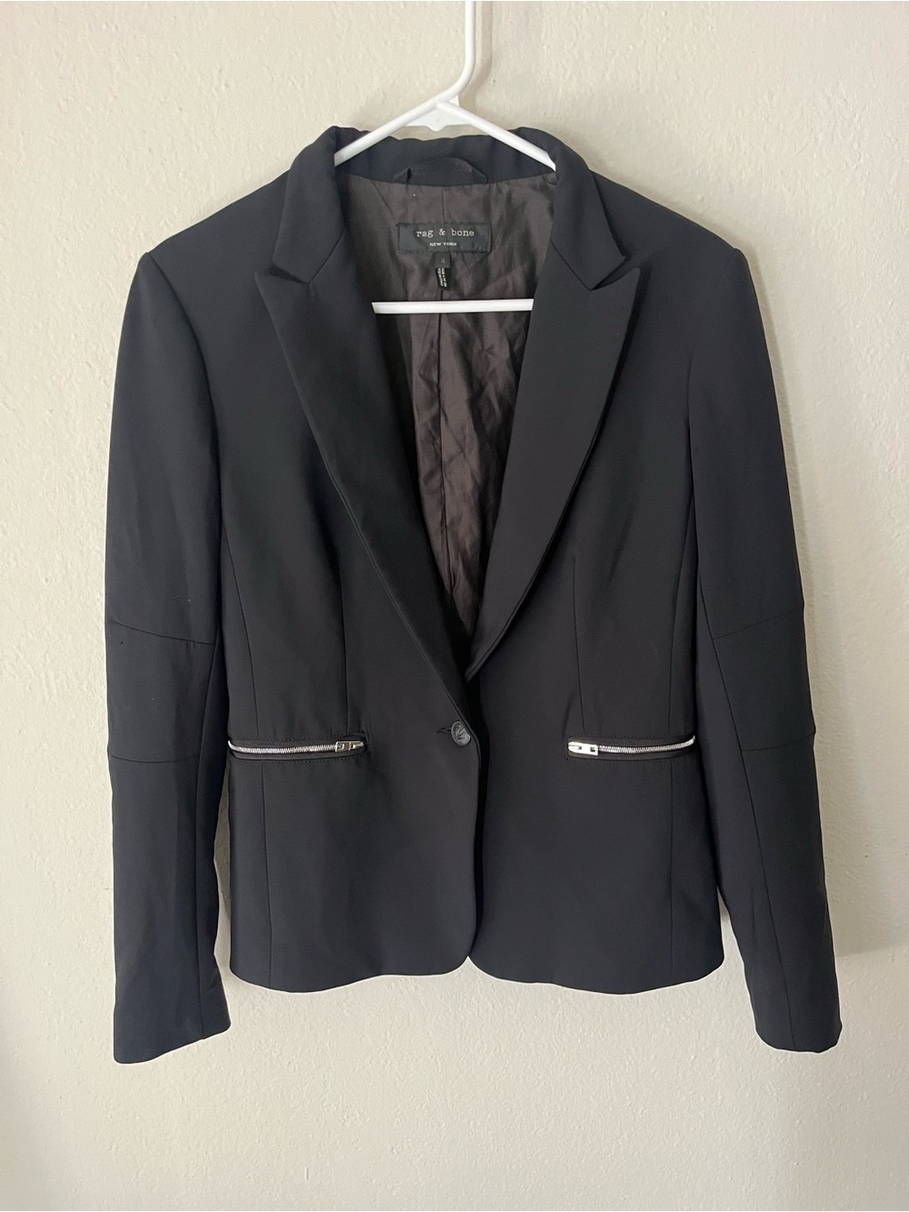 rag & bone Black Women's Single-Button Blazer with Zip Pockets leather collar